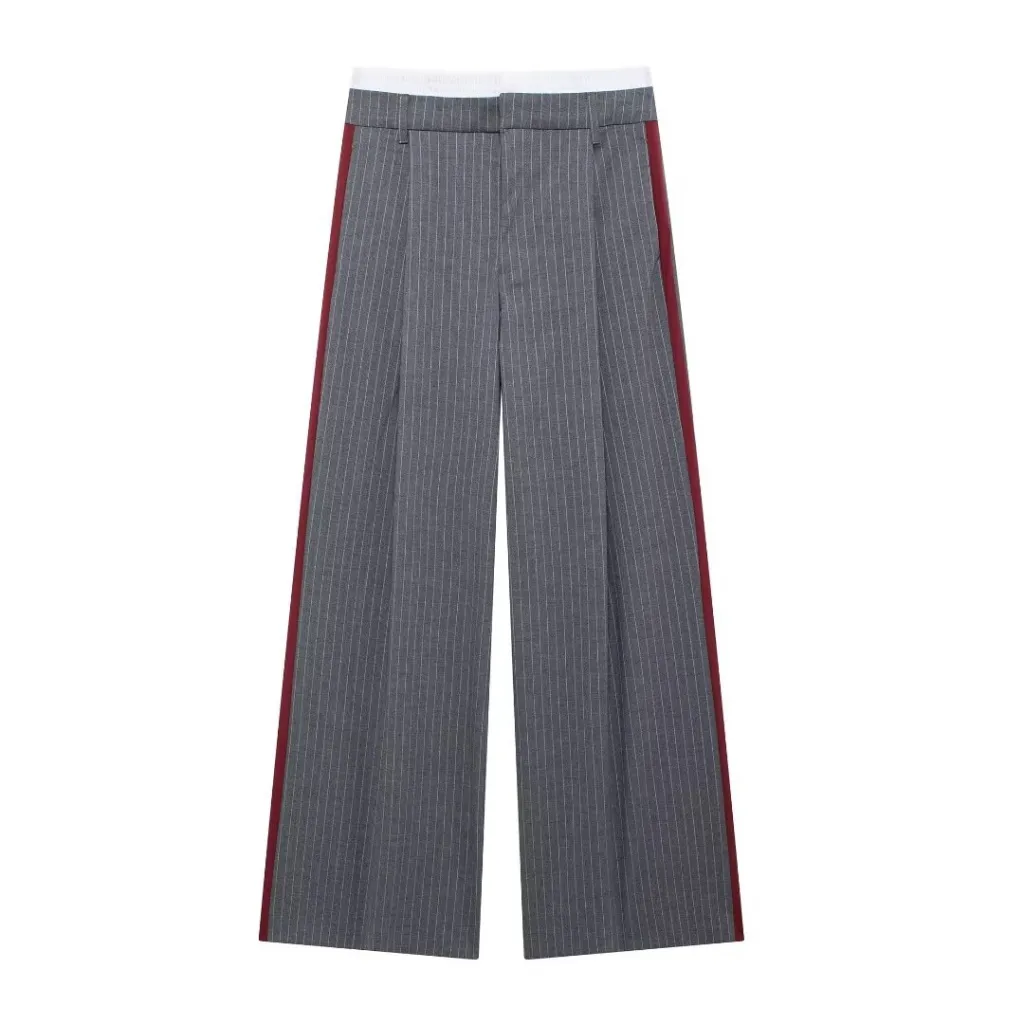 Fashion Pinstripe Boxer Briefs Detail High-waisted Trousers - Gray