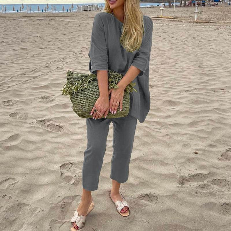 European And American Women's Clothing Loose Fashion Casual Solid Color Cotton And Linen Two Suit