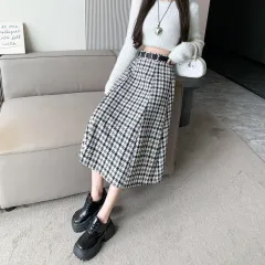 High Waist Plaid Elegant Skirt For Women - Black And White With Belt - View 1