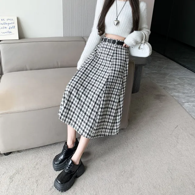 High Waist Plaid Elegant Skirt For Women White - Shop at LoveMi