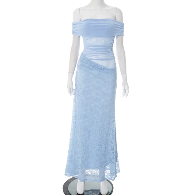 Women's Solid Color Lace Stitching Collar Tube Top Sexy Long Dress Blue - Shop at LoveMi