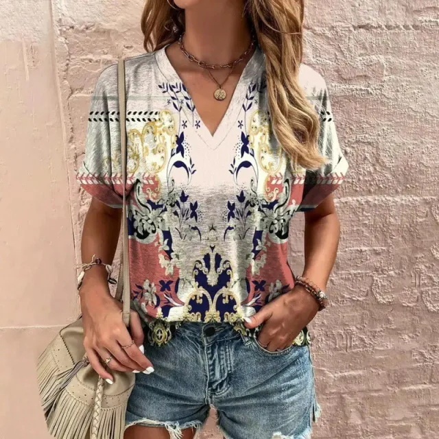 Casual Short Sleeve Pattern Print Loose Fashion Comfortable T shirt W3 S - Shop at LoveMi