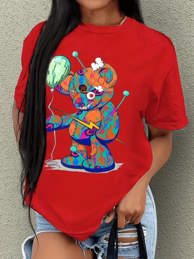Summer Printed Street Fashion Sweet Short sleeved T shirt Casual Sports Plus Size Women's Clothing Style910 - Shop at LoveMi
