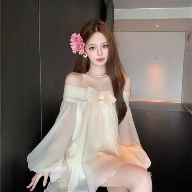 Womens Solid Color French Style Bow Trimed Off the Shoulder Chiffon Dress Apricot - Shop at LoveMi