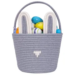 Easter Egg Portable Basket Cartoon Rabbit Hand-woven Cotton Cord Candy Bag - Gray - View 1
