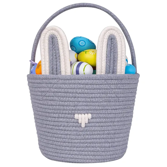 Easter Egg Portable Basket Cartoon Rabbit Hand woven Cotton Cord Candy Bag Gray - Shop at LoveMi