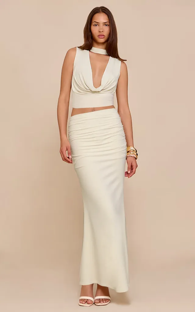 Sleeveless Stacked Neckline Women's Top With Fashionable Pleated Long Skirt Two piece Set Cream White - Shop at LoveMi