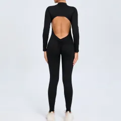 Women's Solid Color Backless Long-sleeve Zipper One-piece - Black - View 1
