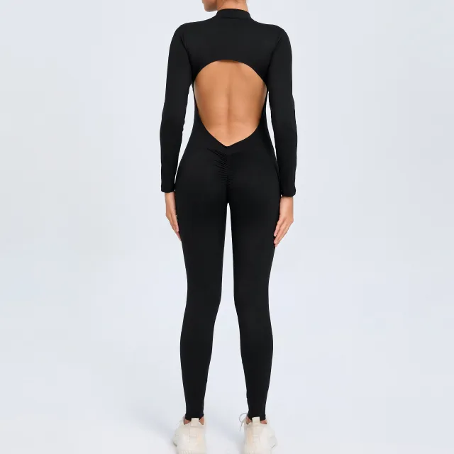 Women's Solid Color Backless Long sleeve Zipper One piece Black - Shop at LoveMi