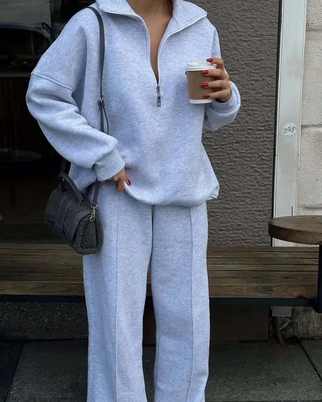 Casual Women's Fashion Half zip Hoodie And Pants Two piece Set Loose Casual Autumn And Winter Outfit Gray - Shop at LoveMi