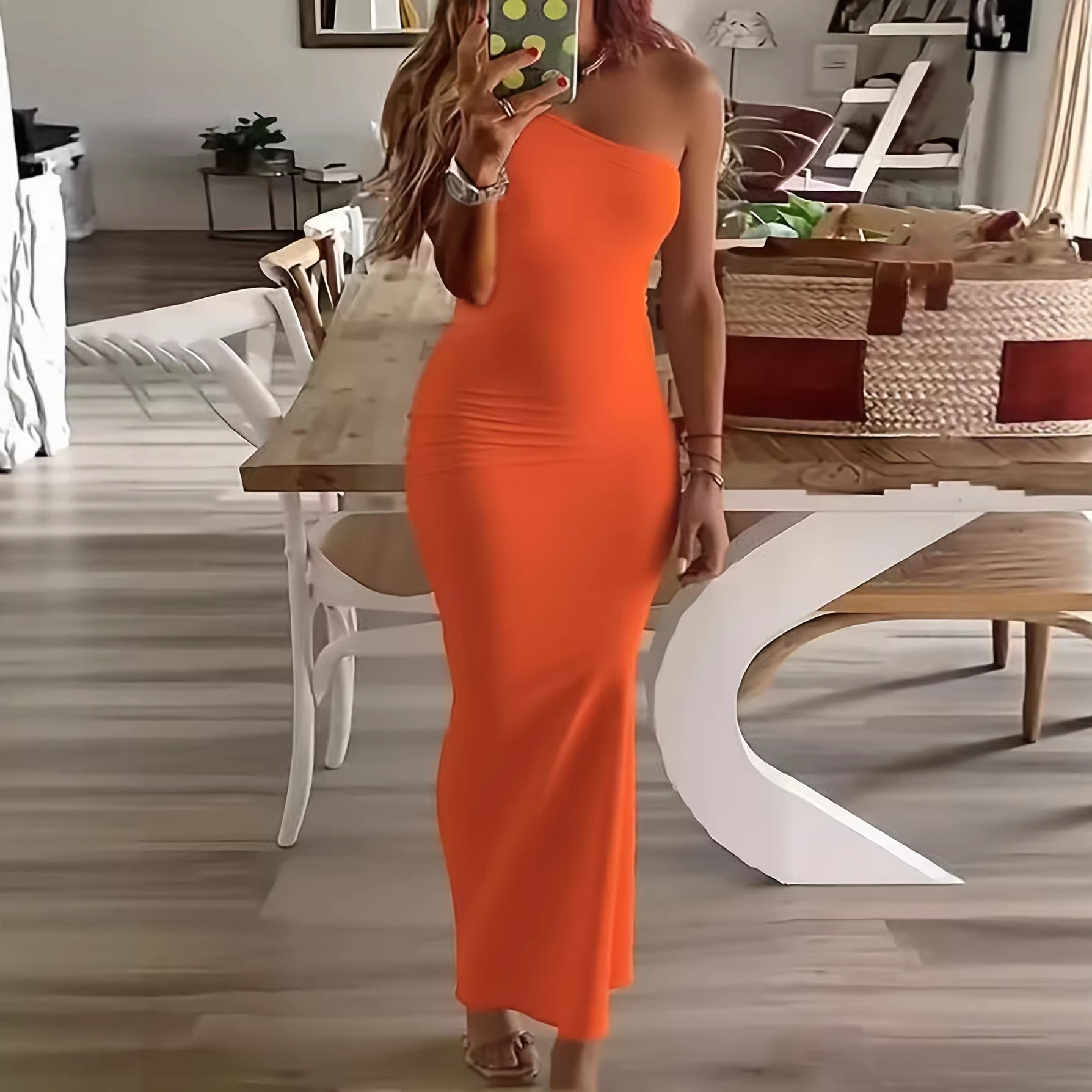 Womens Slant-Shoulder Sleeveless Slim-Fit Casual Dress