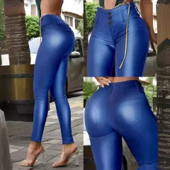 High Waist Pure Color Pu Bag Design Tight Trousers - Lzr17317Aa-Xl - View 1