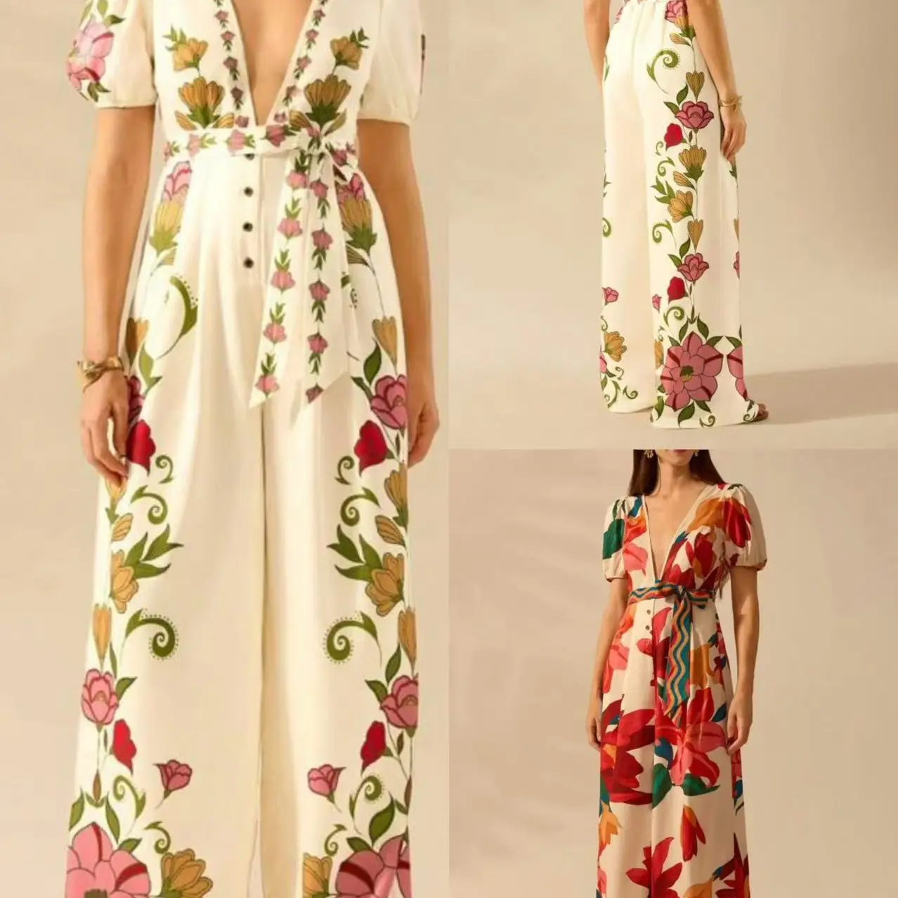 Women's Deep V-neck Printed Fashion Wide-leg Jumpsuit