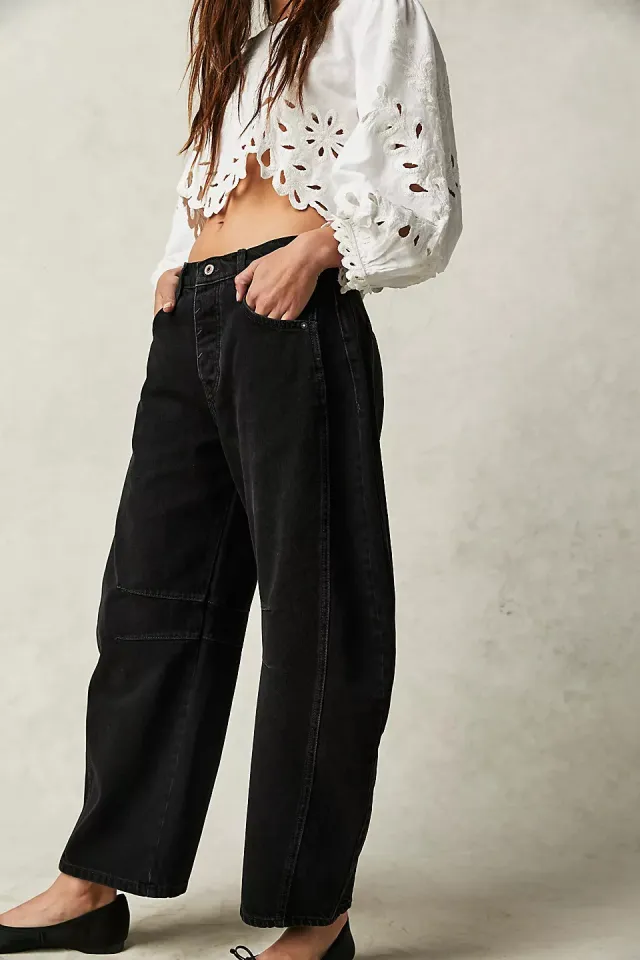 High Stretch Mid Rise Barrel Jeans Fashion Wide Leg Shape Women Casual Baggy Mid Waist Denim Jeans Black - Shop at LoveMi