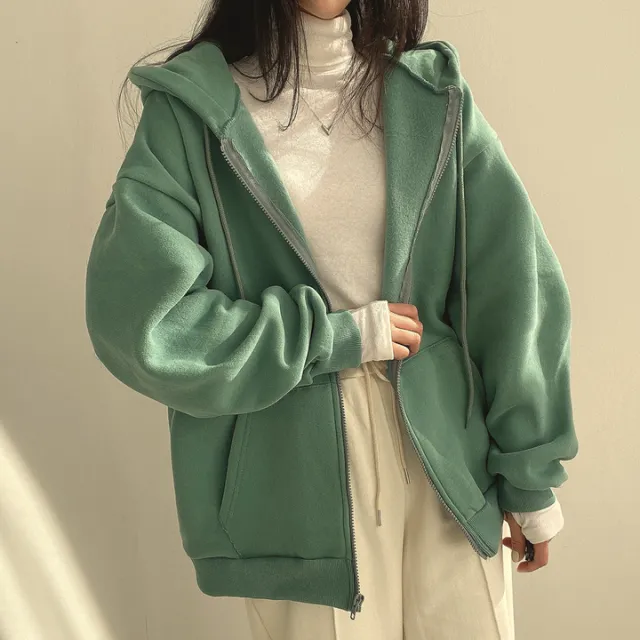 Zipper Plush And Thick Hood Sweater Women's Coat Green Plush Style - Shop at LoveMi