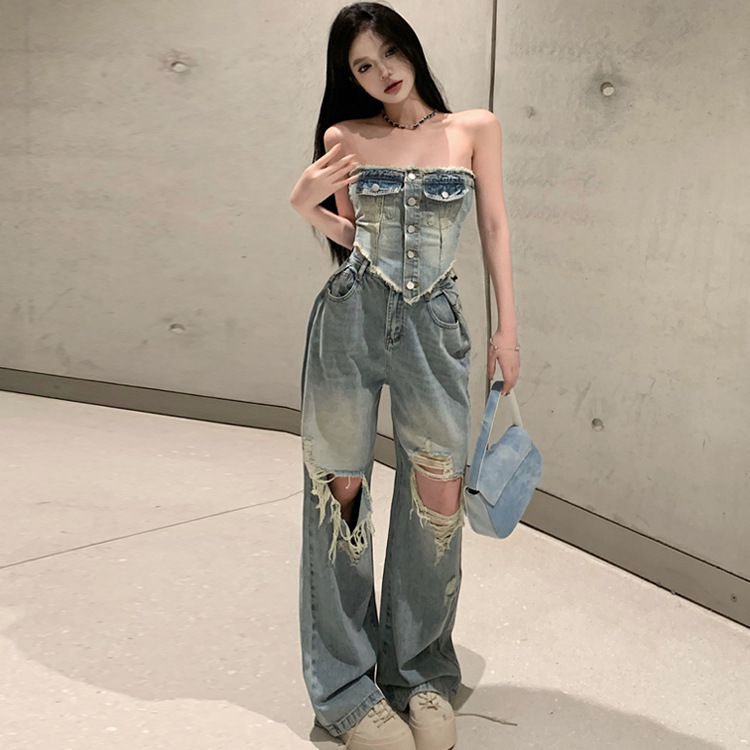 Hot Girl Slim Tube Top Ripped Jeans Denim Trousers L - Shop at LoveMi