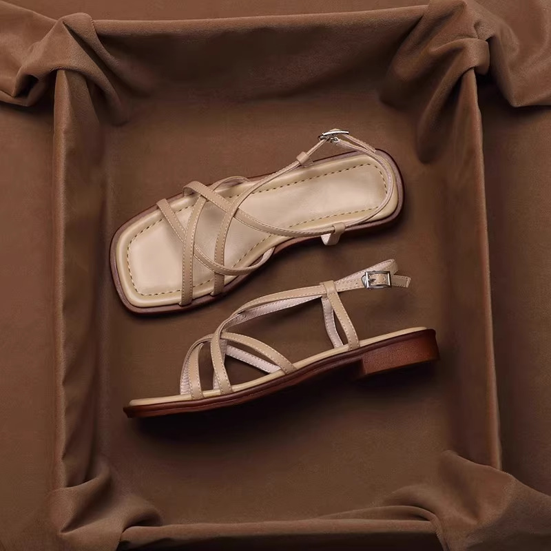 Retro-style Leather Open-toe Sandals With Crisscross Straps