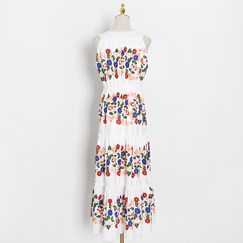 European And American Printed Ruffles Dress Summer New V-neck Sleeveless Patchwork Long Dress Women