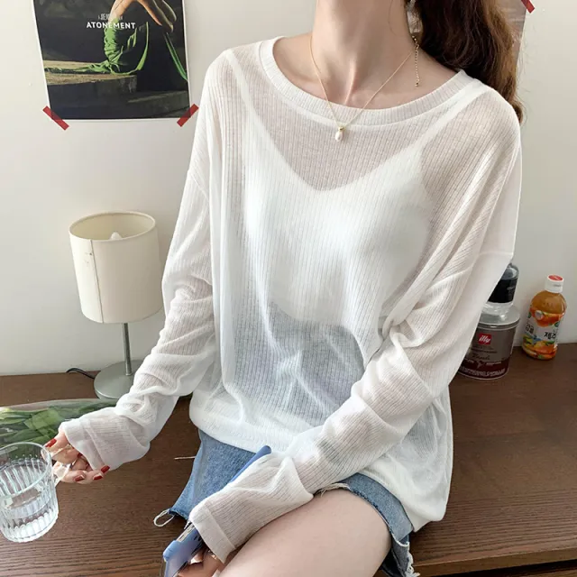 Women's Long sleeved Mask T shirt Spring And Summer Loose Knitted Smock Top White - Shop at LoveMi