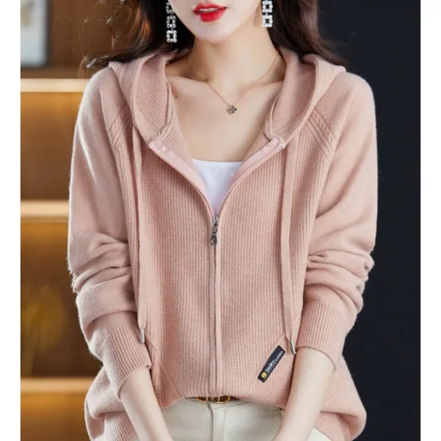 Sweater Cardigan Hooded Outer Tops Loose Casual Zipper Knitted Coat Pink - Shop at LoveMi