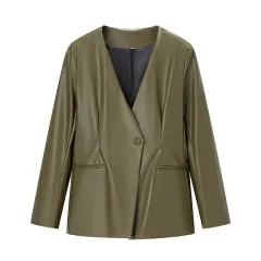 Women's Long-sleeved V-neck Leather Jacket - Army Green - View 1
