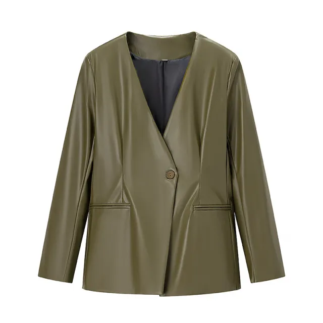 Women's Long sleeved V neck Leather Jacket Army Green - Shop at LoveMi