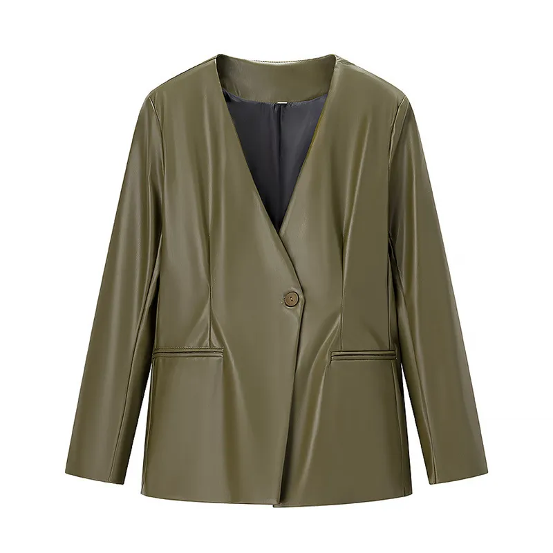 Women's Long-sleeved V-neck Leather Jacket - Army Green