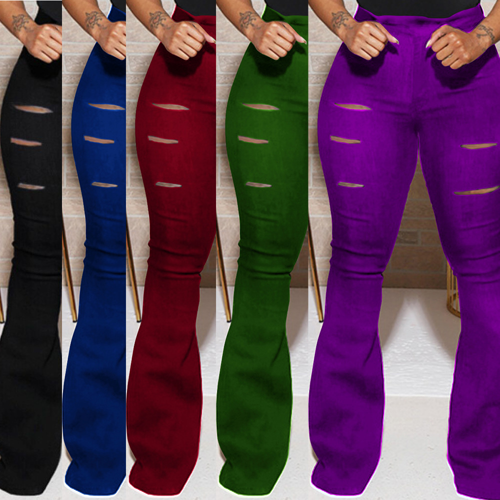 High Waist Slim Cut Flower Ripped Women's Clothing Bootcut Trousers
