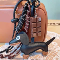 Retro Sausage Puppy Car Key Ring - Black - View 1