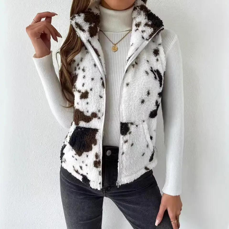 Printed Double-sided Plush Zip-up Cardigan