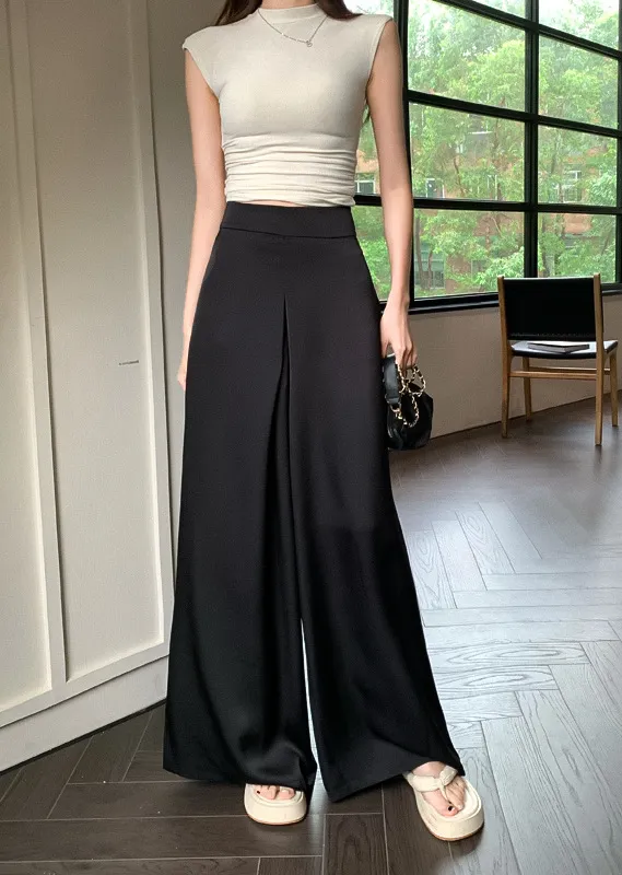 Casual Pants High Waist Acetate Satin Wide Leg Pants For Women Black - Shop at LoveMi
