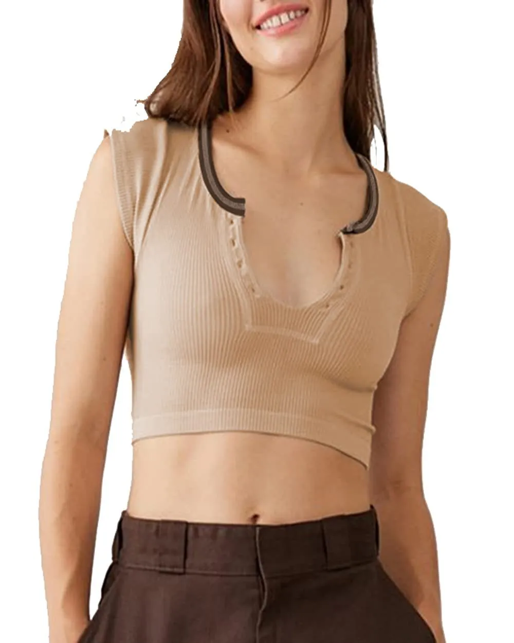 Women's Short-sleeved Slim-fit Ultra-short Sexy Top - Khaki