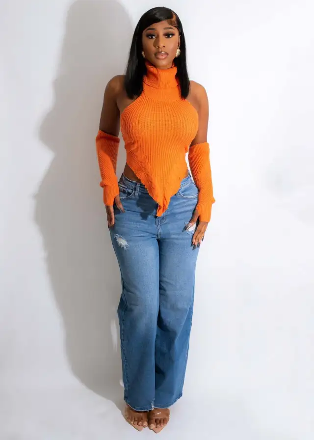 Autumn And Winter Knitting Hand Crochet Turtleneck Fake Sleeve Finger Hole Irregular Top Orange - Shop at LoveMi