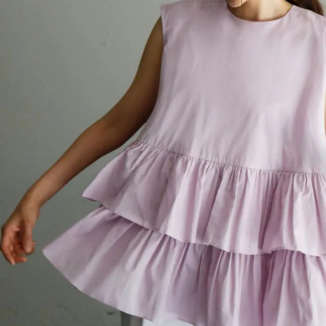 Summer Pure Cotton Sleeveless Ruffled Shirt Pink - Shop at LoveMi