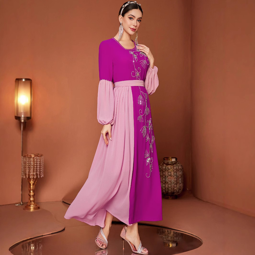 Rose Red Chiffon Dress Hand-stitched Diamond Outline Elegant