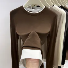 Women's Fake Two-piece Long-sleeved T-shirt - Brown - View 1