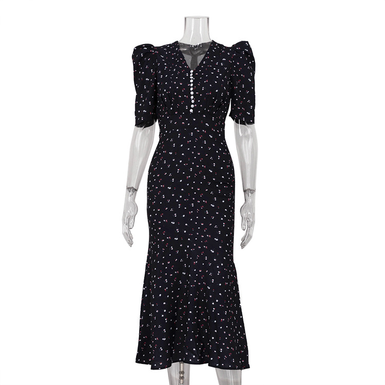 V neck Pleated Short Sleeves High Waist Floral Dress Black - Shop at LoveMi