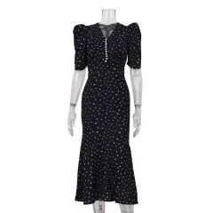 V-neck Pleated Short Sleeves High Waist Floral Dress - Black - View 1