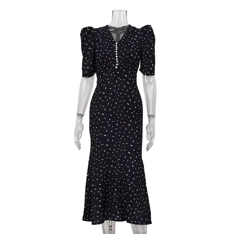 V-neck Pleated Short Sleeves High Waist Floral Dress - Black