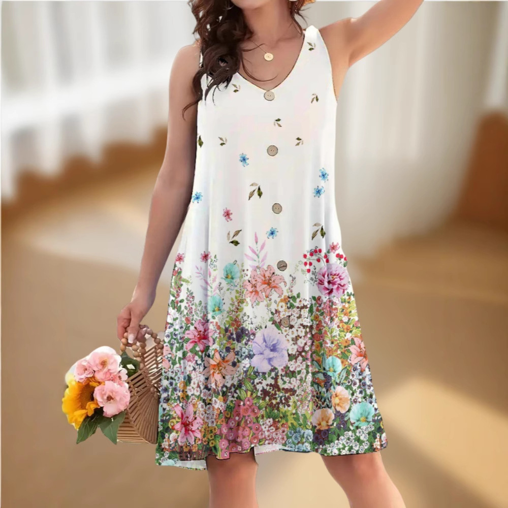 Women's Loose Sleeveless Twisted Button Printed Dress