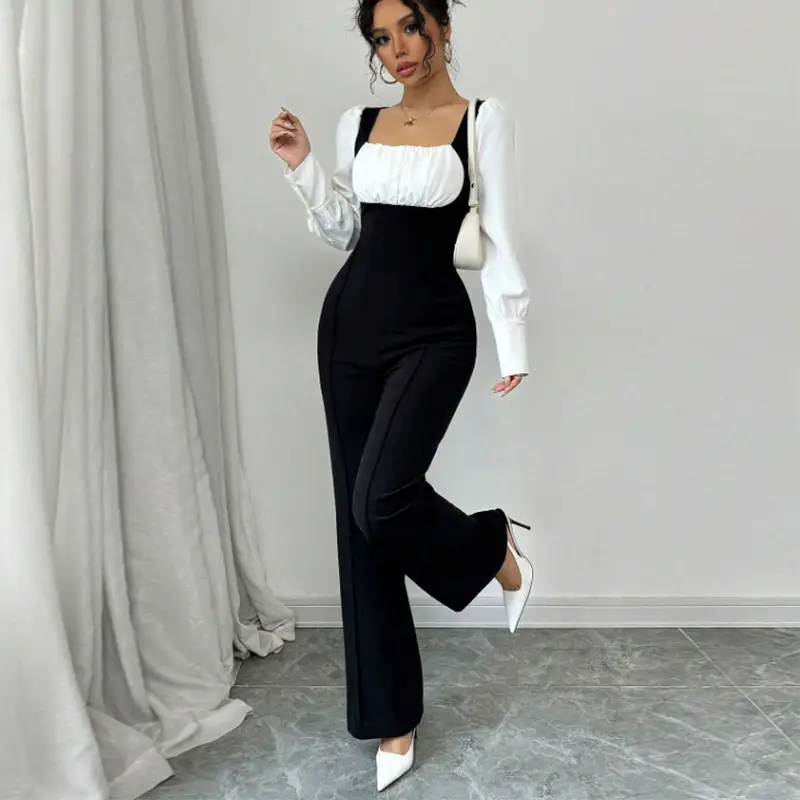 Long-sleeve Color-block Jumpsuit With Pants