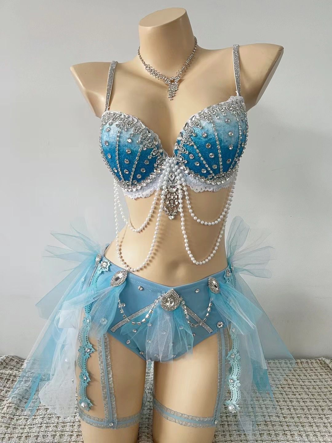 Sky Blue Gathered Pearl Tassel Costume