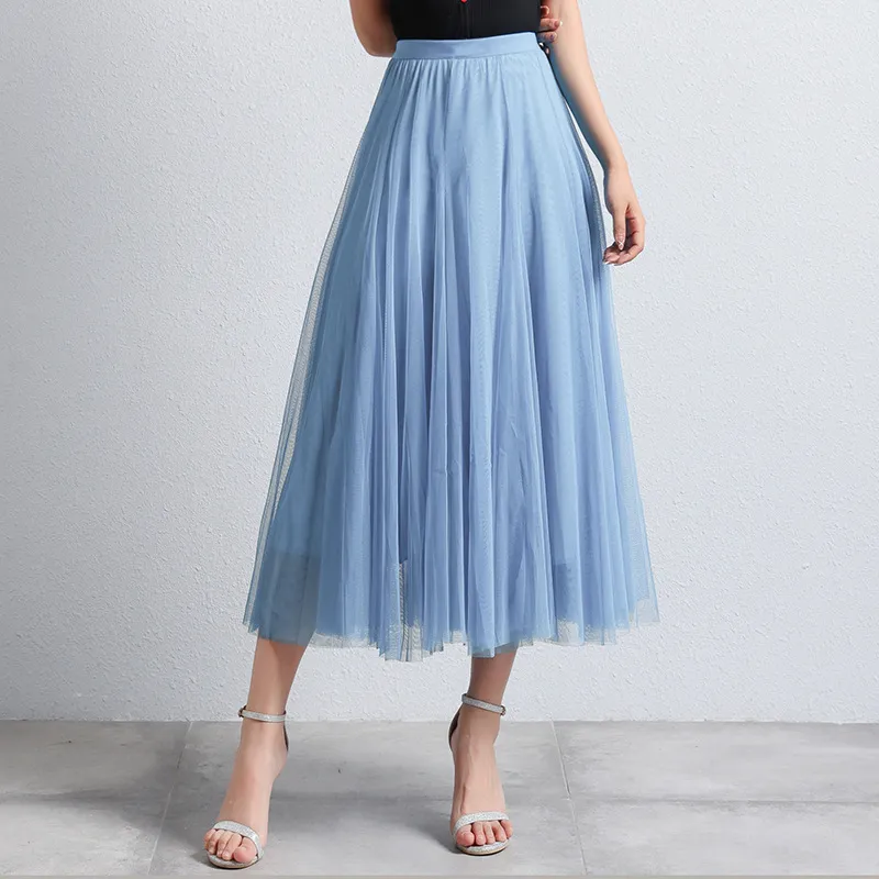 Slimming A- Line Skirt Mesh Half-length Long Dress - Haze Blue