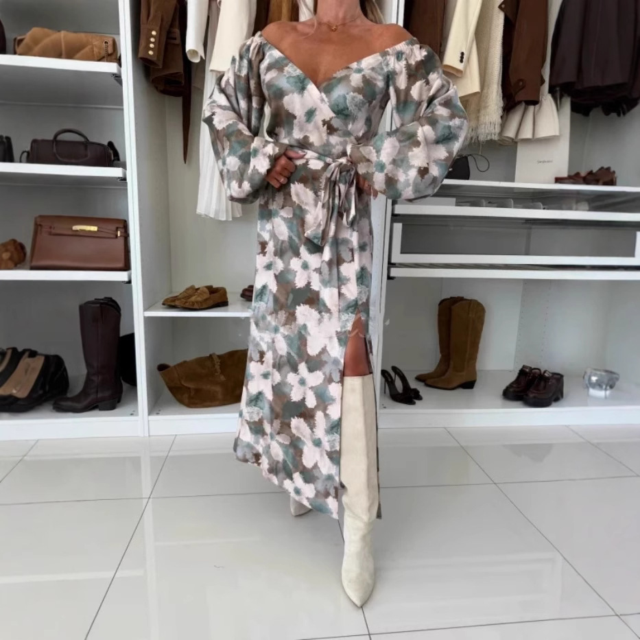 Women's Printed Waist-controlled Hem Slit Long-sleeved Dress - Image 2