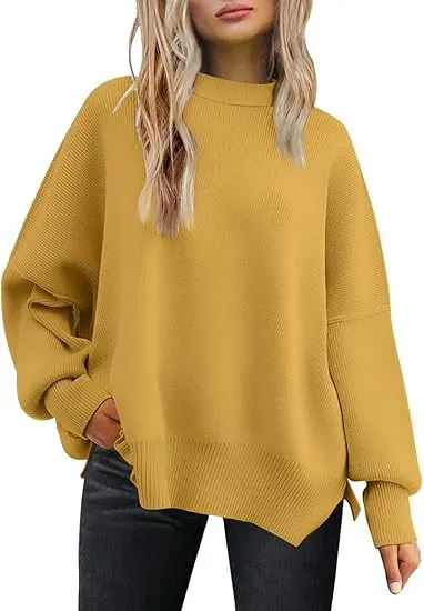 Thick Needle Side Slit Sweater Round Neck Loose Solid Color Batwing Long Sleeve Sweater For Women Yellow - Shop at LoveMi