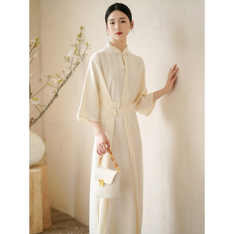Water Drop Stand Collar Waist Seal Dress - 4