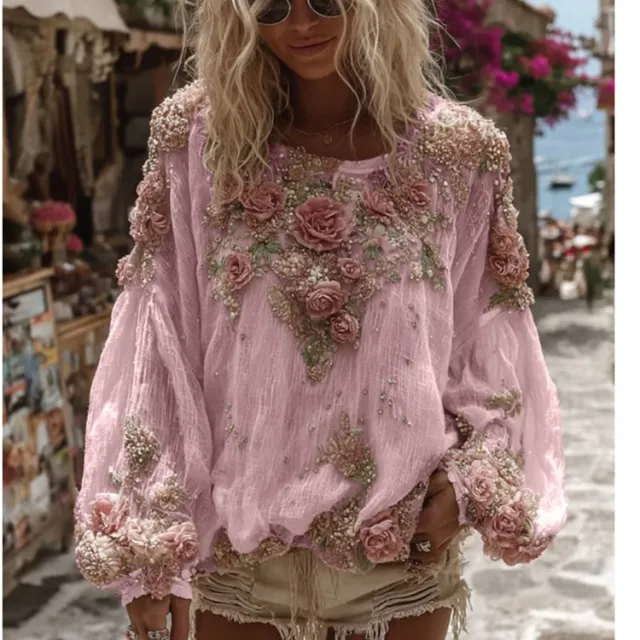 Women's 3D Printed Long sleeved Shirt Loose All match High grade Top Pink - Shop at LoveMi