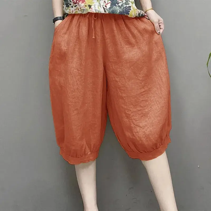 Plus-size Loose-fit Tie-waist Elastic-waist Capri Pants Solid-color Bloomers