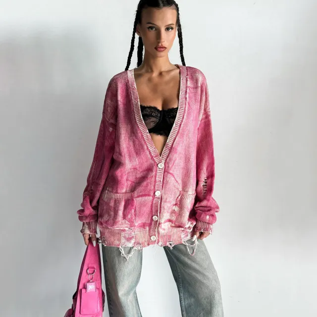 Vintage Tie dyed Distressed Woolen Coat Women's Cardigan Zy4258 Pink - Shop at LoveMi