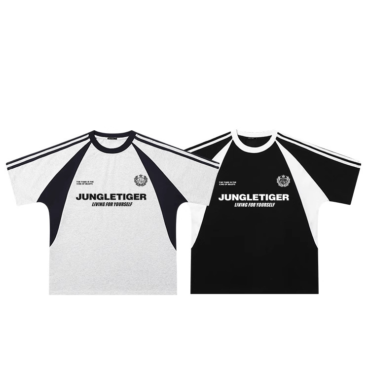 Sporty Contrast-color Loose Crewneck Letter-patchwork Short-sleeve T-shirt